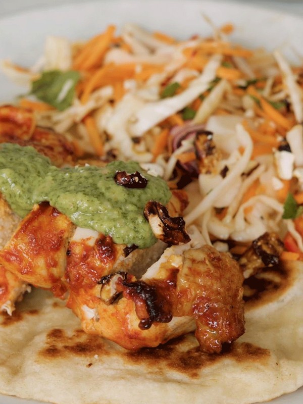 Sticky, Spicy Chicken Breast With Crunchy Summer Slaw, Homemade Flat Bread With Green Goddess Dressing