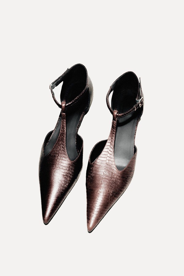 Lizard-Effect Leather T-Bar Wedge Heels from COS
