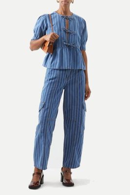 Tie-Front striped denim blouse from Ganni