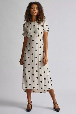 White Spot Print Puff Sleeve Tea Midi Dress