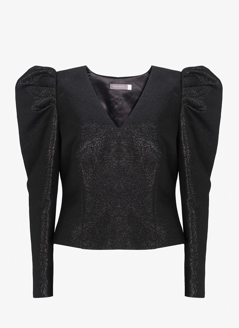 Black Metallic Puff Sleeve Top