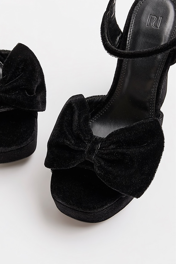 Black Velvet Bow Platform Heel Sandals from River Island