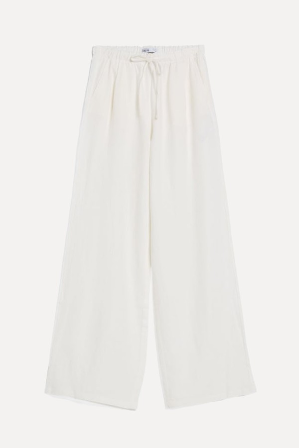 Wide-Leg Linen Blend Trousers With Gathered Waist from Bershka