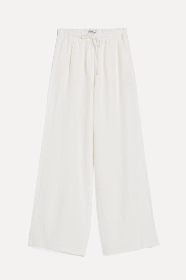 Wide-Leg Linen Blend Trousers With Gathered Waist from Bershka