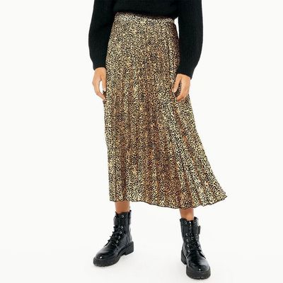 Brown Spot Satin Pleated Midi Skirt