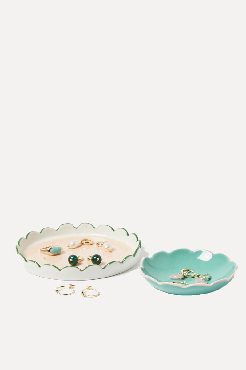 Scalloped Green & White Ceramic Trinket Dish Set of Two from Oliver Bonas