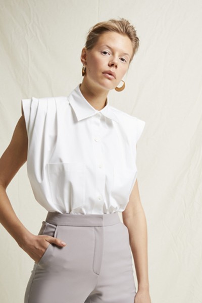 Sleeveless Shoulder Padded Poplin Shirt