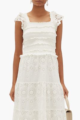 Broderie-Anglaise Smocked Cotton Midi Dress from SEA