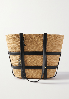 Panier Studded Leather-Trimmed Woven Raffia Tote from Saint Laurent 