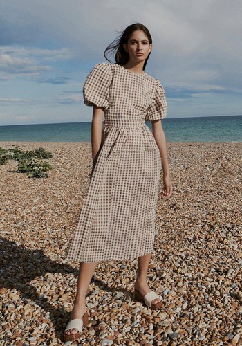 Gingham Open Back Puff Sleeve Midi Dress, £28 (was £69) | Warehouse