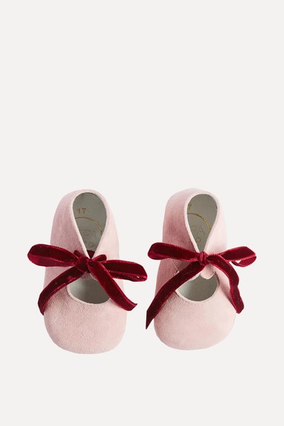 Suede Pink Baby Pram Shoes With Velvet Ribbon from Pepa London