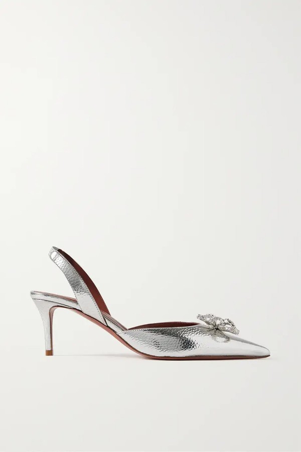 Rosie Crystal-Embellished Metallic Textured-Leather Slingback Pumps from Amina Muaddi 