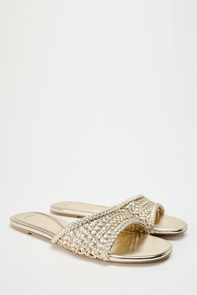 Braided Metallic Flat Slider Sandals