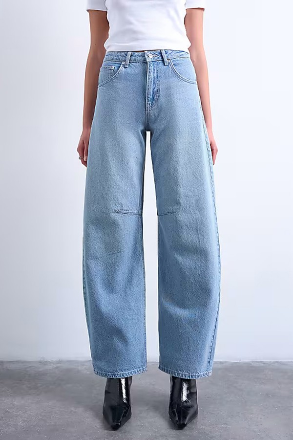 Horseshoe High Rise Barrel Jean In Mid Blue