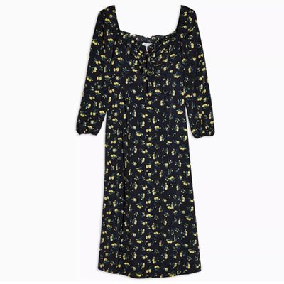 Yellow Floral Print Prairie Square Neck Midi Dress from Topshop