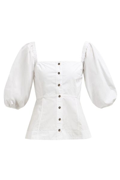 Square-Neck Balloon-Sleeve Cotton-poplin Blouse from Ganni