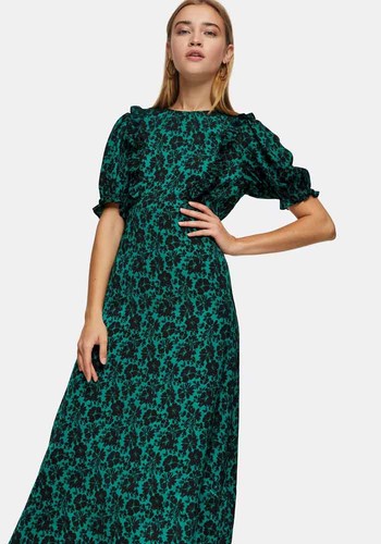 Green Daisy Midi Ruffle Tea Dress