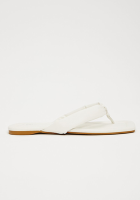 White Faux Leather Square Toe Post Padded Sandals