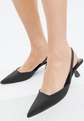 Black Satin Slingback Kitten Heel Court Shoes