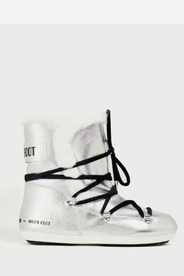 Shearling-Trimmed Logo-Print Metallic Leather Snow Boots from Moon Boot