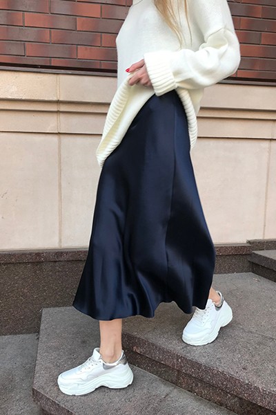 Navy Silk Satin Skirt