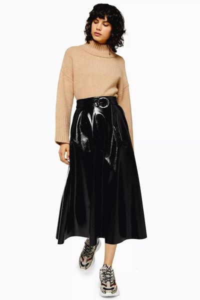 Black Full Circle Vinyl Midi Skirt