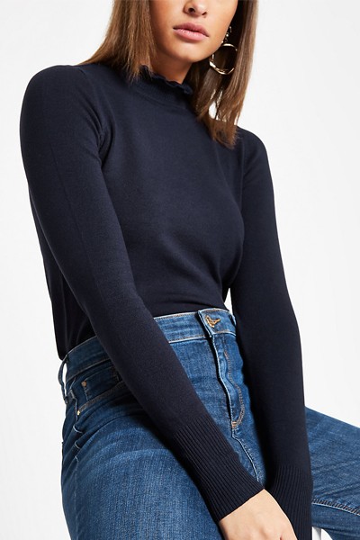 Navy Frill Neck Long Sleeve Top