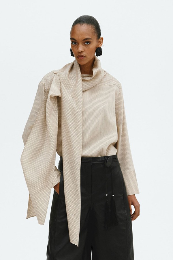 Linen-Blend Scarf-Collar Blouse from H&M