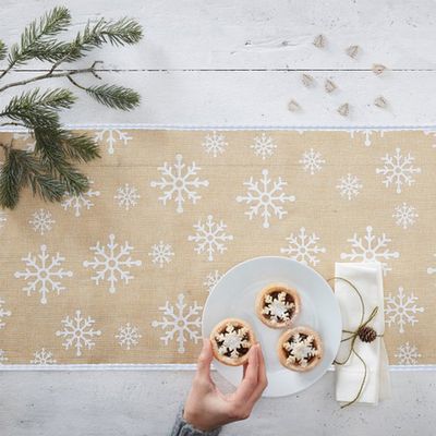 Snowflake Hessian Burlap Screen Printed Table Runner from Kirsty Gadd