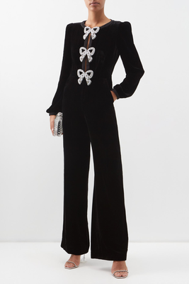 Camille Crystal-Bow Velvet Jumpsuit from Saloni