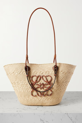 Ibiza Medium Leather-Trimmed Woven Raffia Tote from Loewe