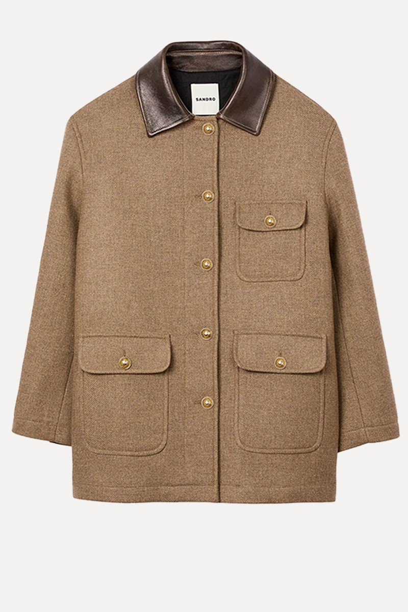 Contrast-Collar Patch-Pocket Tweed Coat from  Sandro