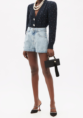 Crystal-Button High-Rise Acid-Washed Denim Shorts from Alessandra Rich