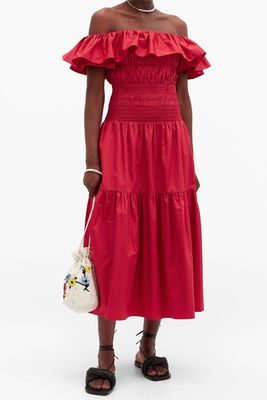 Off-The-Shoulder Shirred Cotton-Poplin Midi Dress from Self-Portait