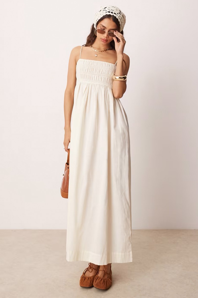 Shirred Bust Cotton Sateen Maxi Dress
