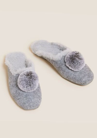 Felt Pom Pom Faux Fur Mule Slippers 