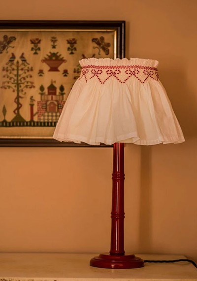 Elsie Lampshade Skirt Cross Hatch Cotton With Crimson Ribbon Hand Smocking