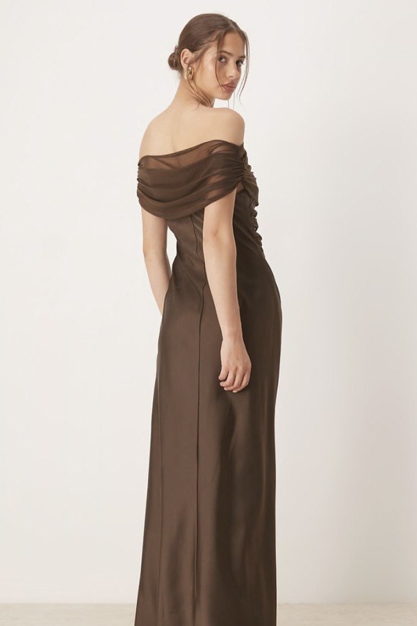 Off Shoulder Mesh Satin Midaxi Dress from Six Stories