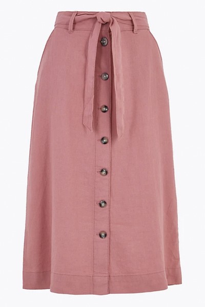 Linen Button Front Midi A-Line Skirt