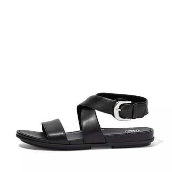 Gracie Buckle Leather Ankle-Strap Sandals All Black