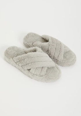 Grey Crossover Faux Fur Slider Slippers