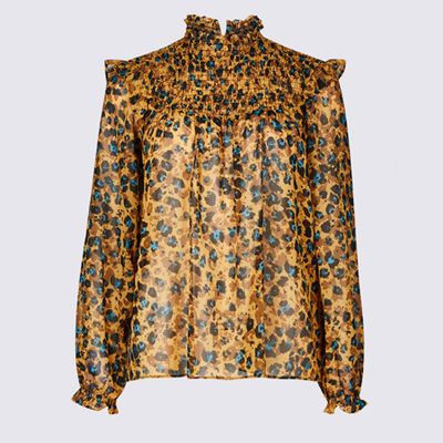 Animal Print Round Neck Long Sleeve Blouse