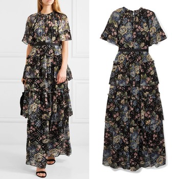 Tiered Floral Print Fil Coupé Chiffon Gown from Needle & Thread