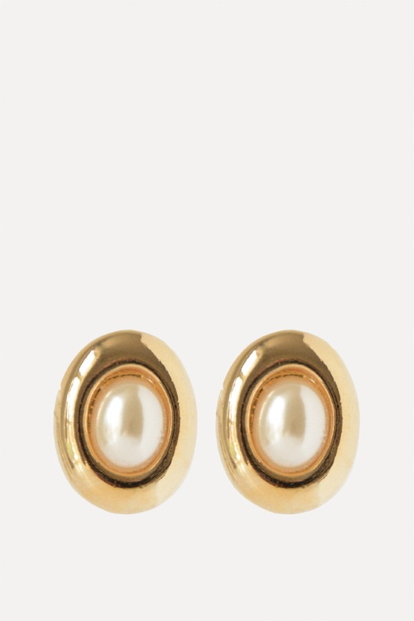 Vintage 1990s Classic Oval Gold-Plated Imitation Pearl Earrings from SOH Vintage