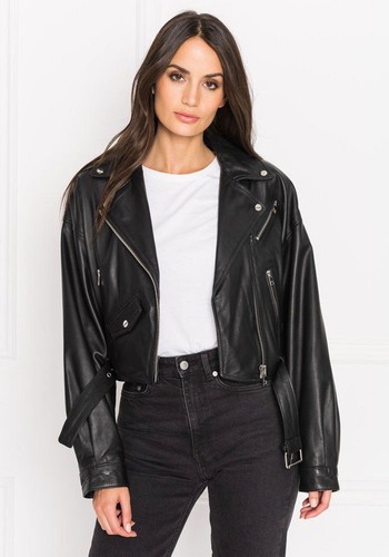 Dylan Drop Shoulder Crop Leather Biker Jacket  from LaMarque