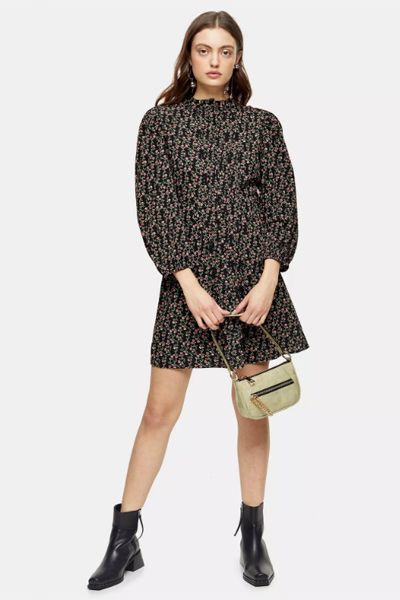 Pintuck Floral Mini Shirt Dress