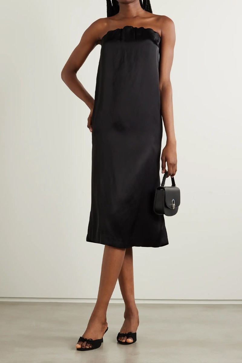 Strapless Gathered Satin Midi Dress from LOULOU STUDIO + NET SUSTAIN