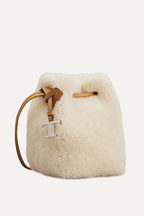 Buz Micro Leather-Trimmed Shearling Bucket Bag from TOD'S
