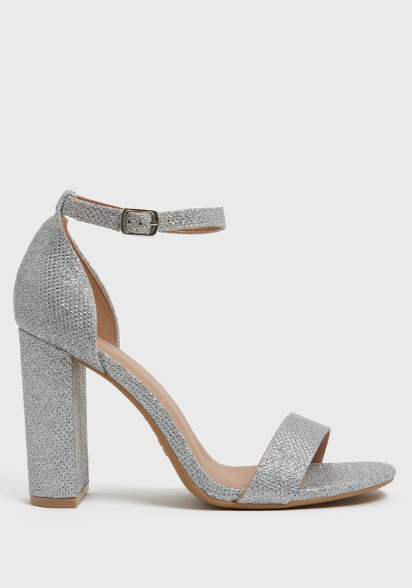 Silver Diamanté 2 Part Block Heel Sandals