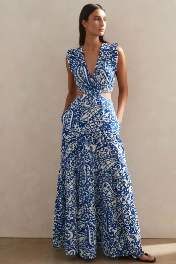 Bold Paisley Print Cheesecloth Cut-Out Maxi Dress